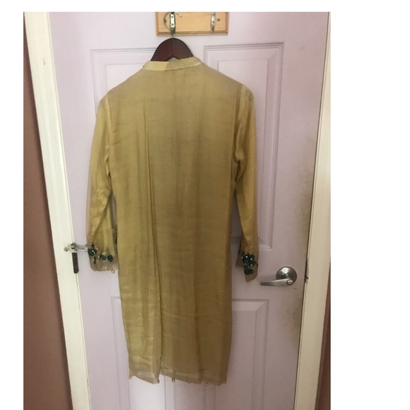 3 pc Pakistani India Tan Aqua Chiffon Bead Outfit - Picture 3 of 7